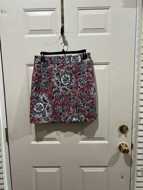 LOFT Red Floral Print Mini Skirt with Black and White Accents